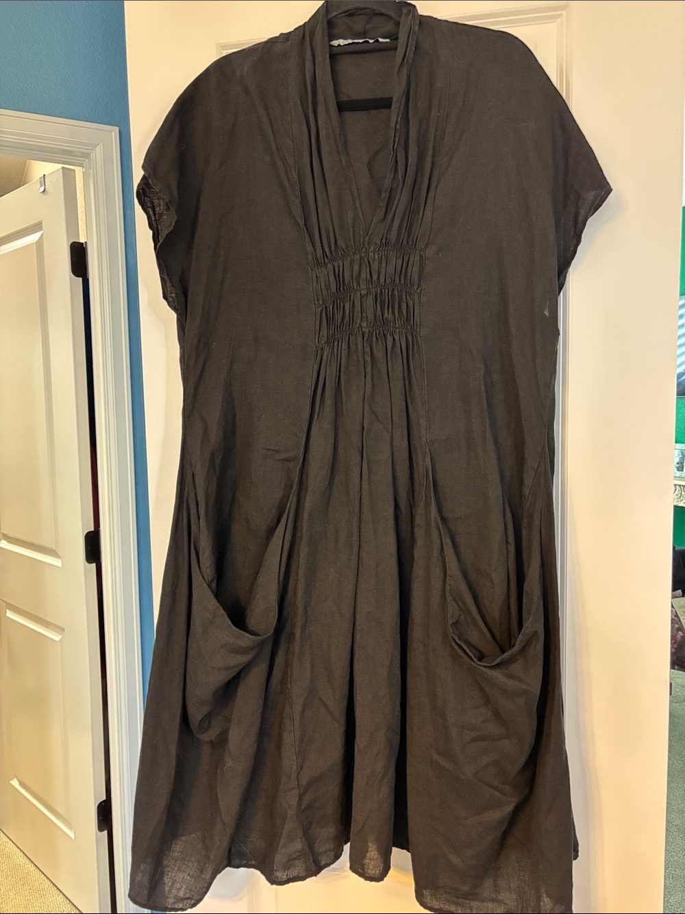 100% Linen Black Women’s Smocked V-Neck Dress